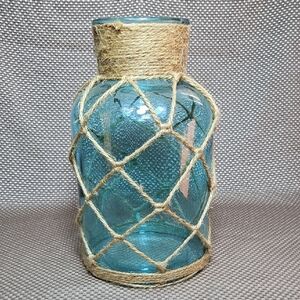 Vintage Large Nautical Blue Glass Vase Jug with Jute Netting 12h X 7w